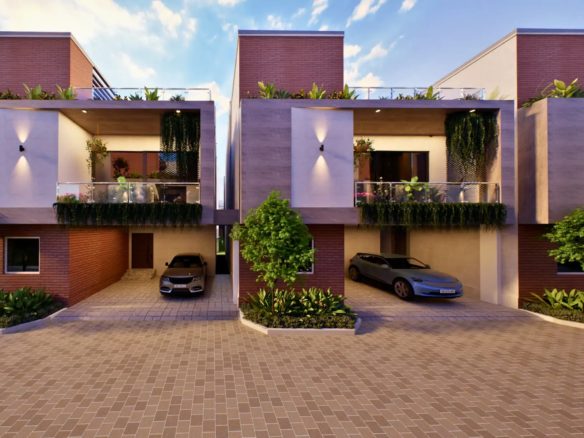 Front view of Madhura Gardens 4BHK villa for sale in Whitefield, Bangalore — modern façade with landscaped garden and private driveway